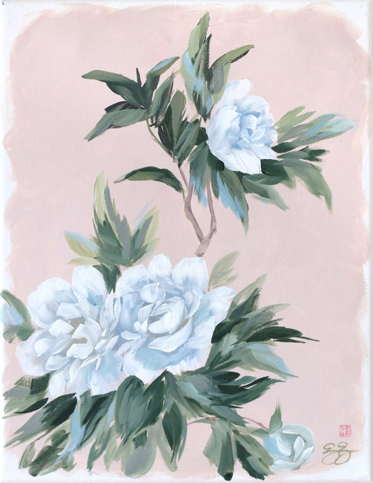 Elizabeth Alice Studio Chinoiserie painting of white peonies and green leaves on a pale pink background.
