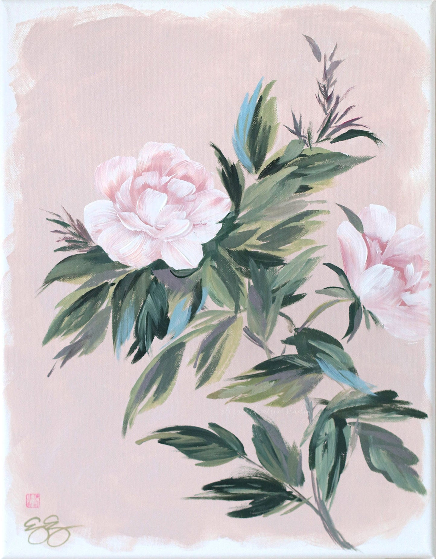 Two pale pink peonies with green leaves chinoiserie art by Elizabeth Alice Studio on a light pink background.