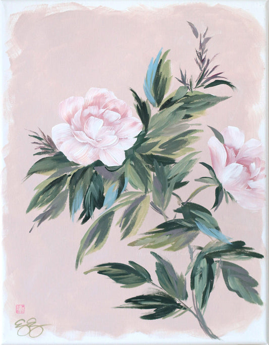 Two pale pink peonies with green leaves chinoiserie art by Elizabeth Alice Studio on a light pink background.