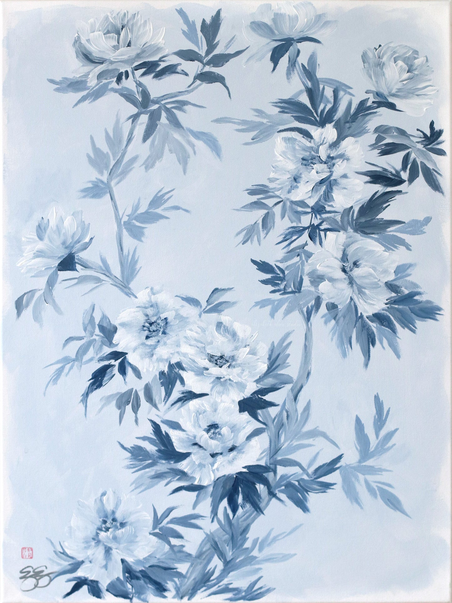 Elizabeth Alice Studio: Traditional Chinese painting of blue and white tree peonies with leafy branches on a light background.