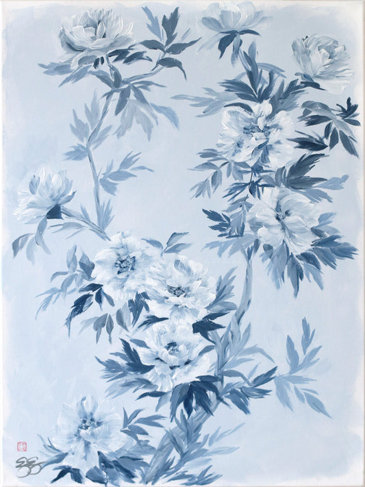 Elizabeth Alice Studio: Traditional Chinese painting of blue and white tree peonies with leafy branches on a light background.
