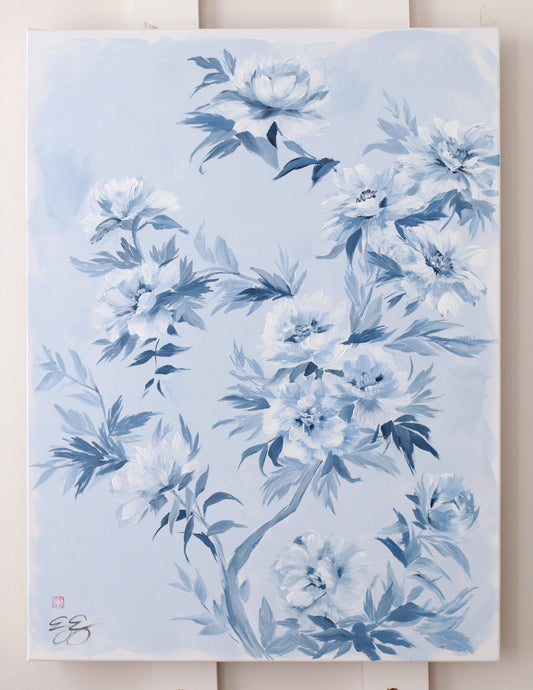 Elizabeth Alice Studio soft brushstroke chinoiserie art of white & blue flowers with leaves on a light background.