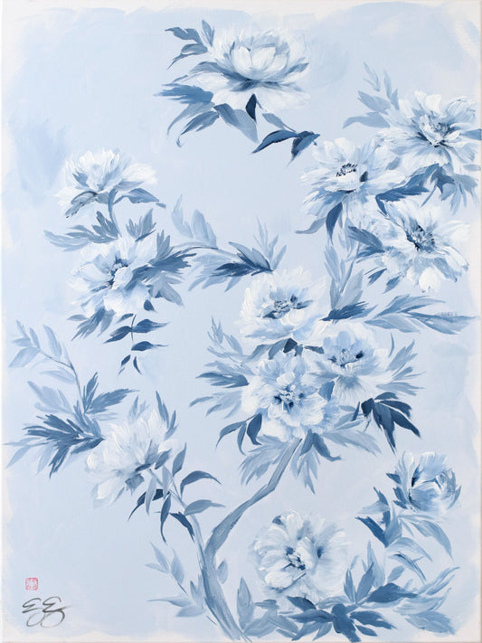 Elizabeth Alice Studio blue and white Chinese peony painting with leafy branches on a light background.