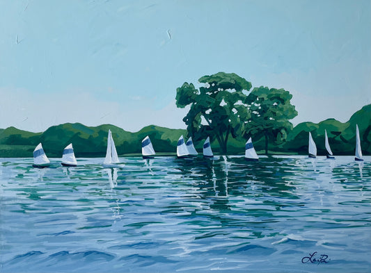 Lauri Prins original: acrylic on canvas, 30x40—sailboats with white sails glide across a calm lake under blue sky.