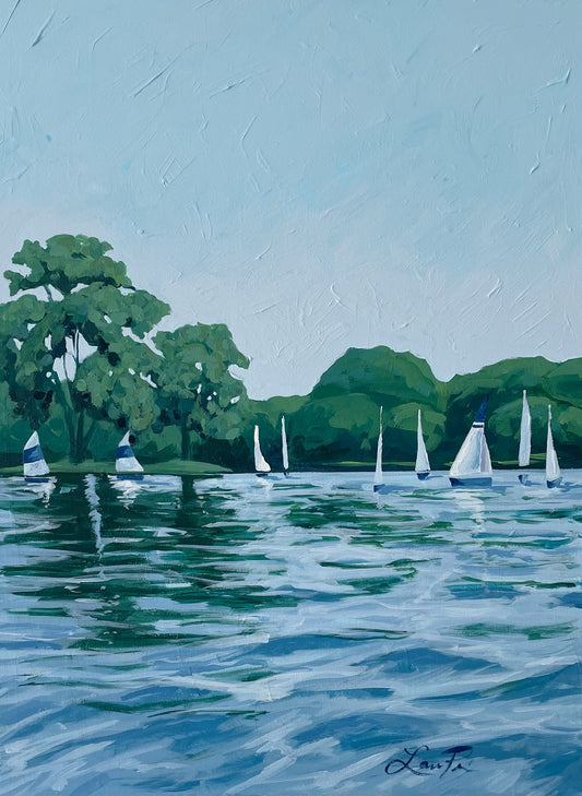 Lauri Prins original: acrylic on canvas, 18x24—white-sailed boats glide on a blue lake beneath a clear sky.