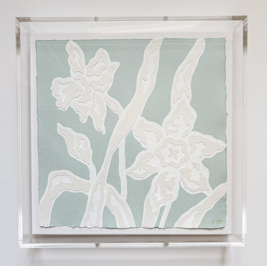 Collaged botanical shapes on light green cotton rag paper by Kendal Blanchard Art, framed in clear acrylic.