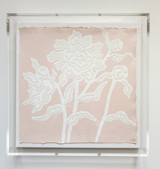 Textured white floral art by Kendal Blanchard Art on pastel pink cotton rag, acrylic box frame, signed KP bottom right.