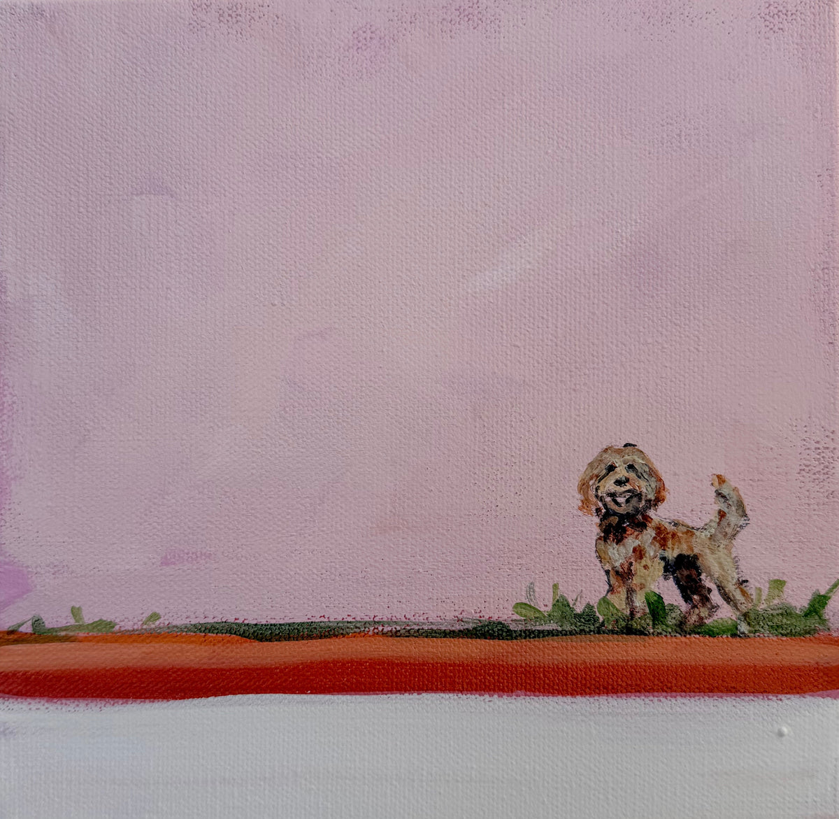 A small brown dog stands in grass against a pale pink background in this original acrylic painting.