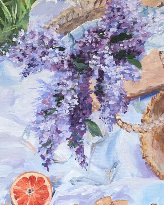 Elizabeth Alice unframed acrylic painting: lilacs in vase, grapefruit, basket on blue cloth; canvas artwork.