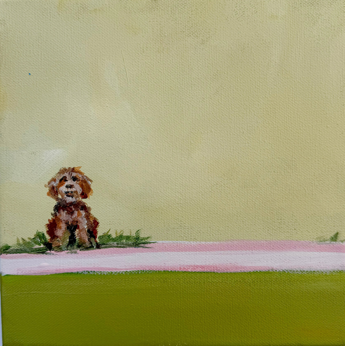Original acrylic painting of a small, brown, fluffy dog sitting in grass on a pale yellow and green background.