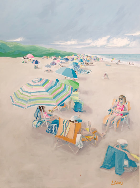 Lauri Prins 30x40 acrylic painting: people relax with bags, towels, and umbrellas by the ocean.