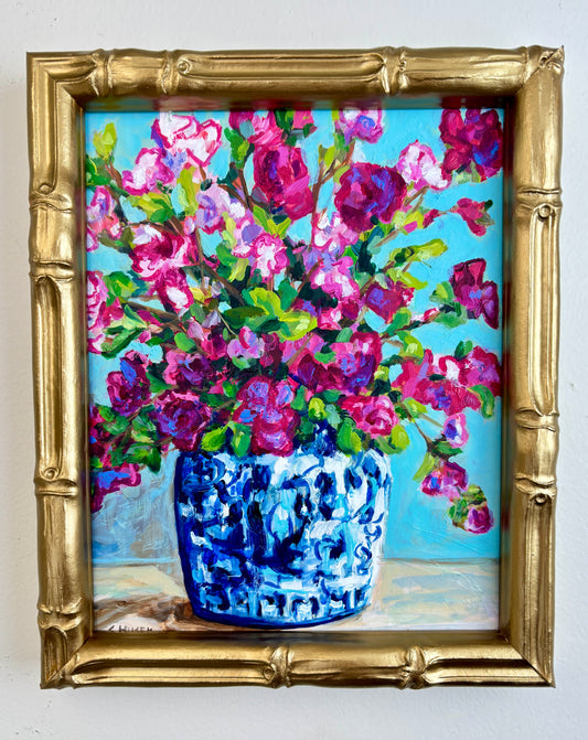 A Catherine Husek gold-framed oil painting of pink flowers in a blue vase—ideal Mothers Day floral art.