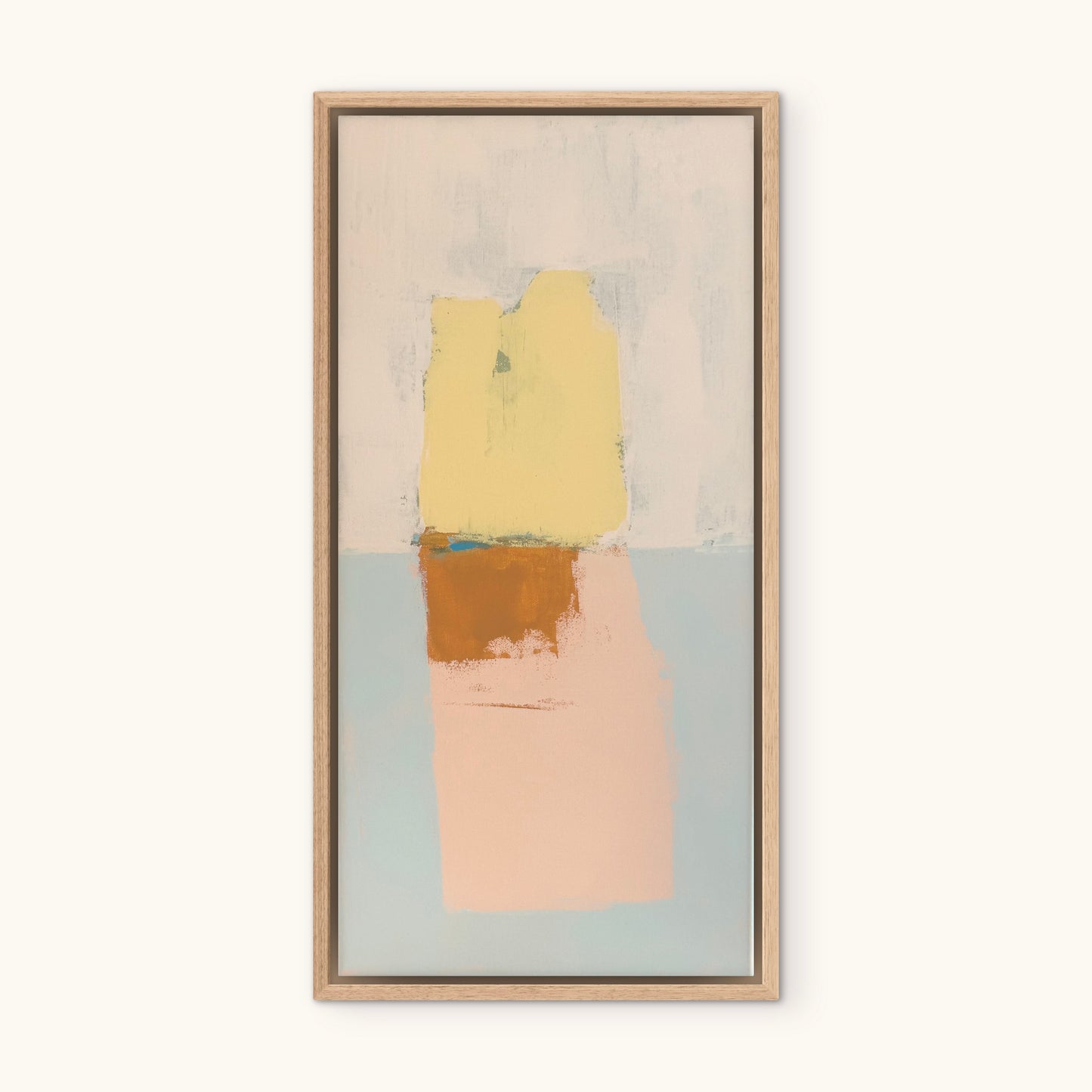 KP Art Collective minimalist wall art with yellow, orange, and pink shapes on pale background, framed in light wood.
