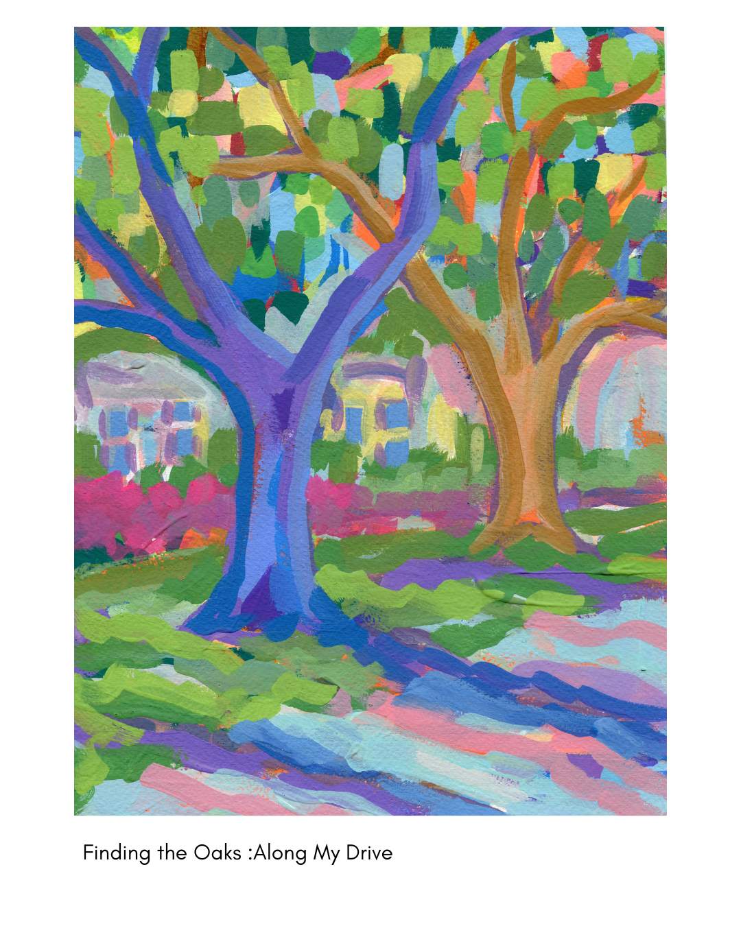 Vibrant watercolor of two live oaks casting shadows on grass and path—Elizabeth Sheats Art & Design.
