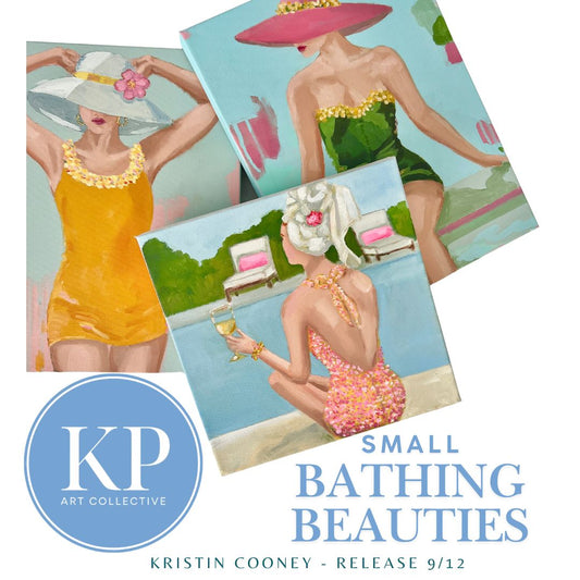Three Oil paintings of women in swimsuits and hats with cocktails, highlighting a KP Art Collective release.