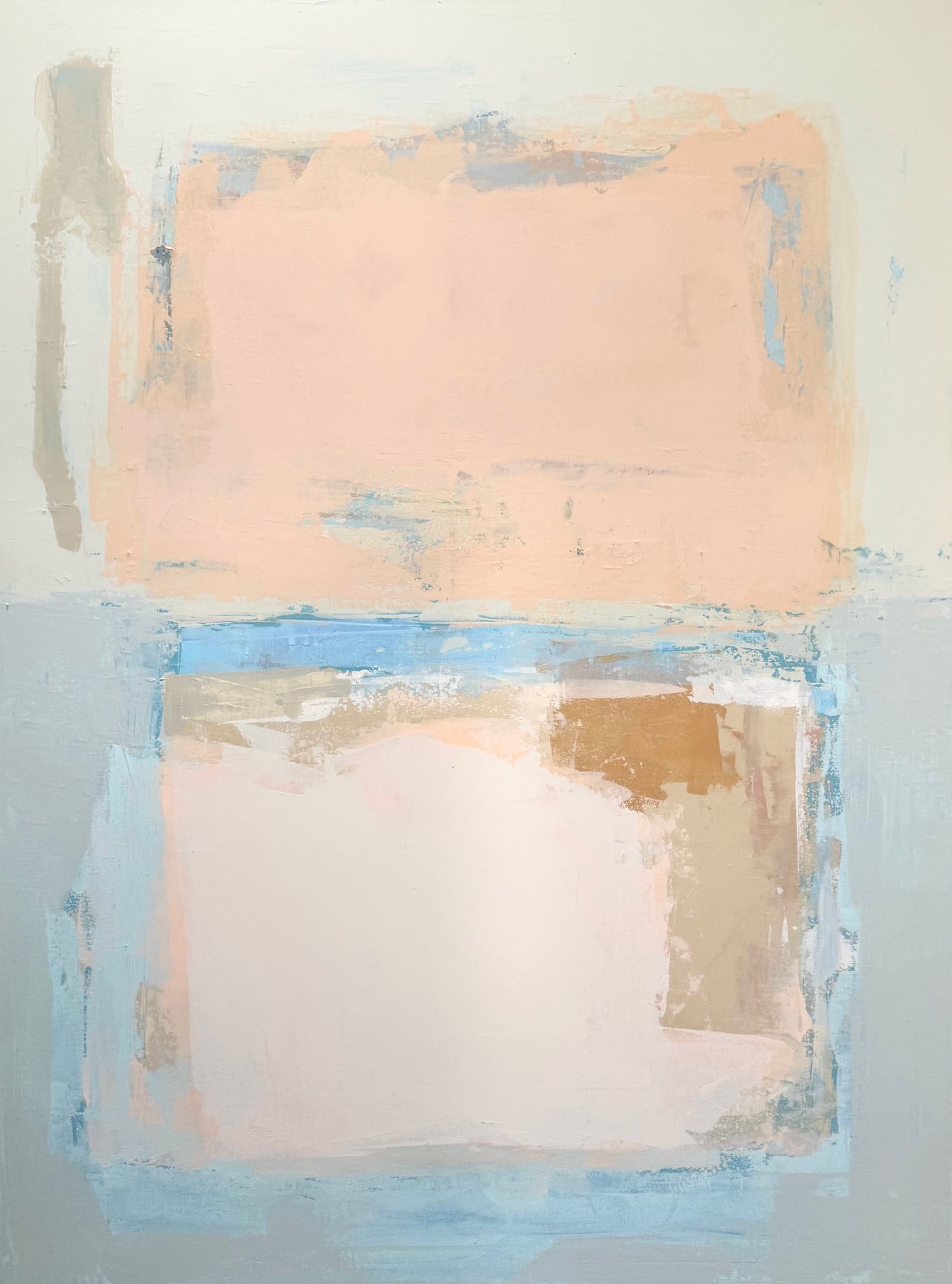 KP Art Collective print with overlapping peach and beige pastel rectangles, blue accents, and a sunwashed palette.