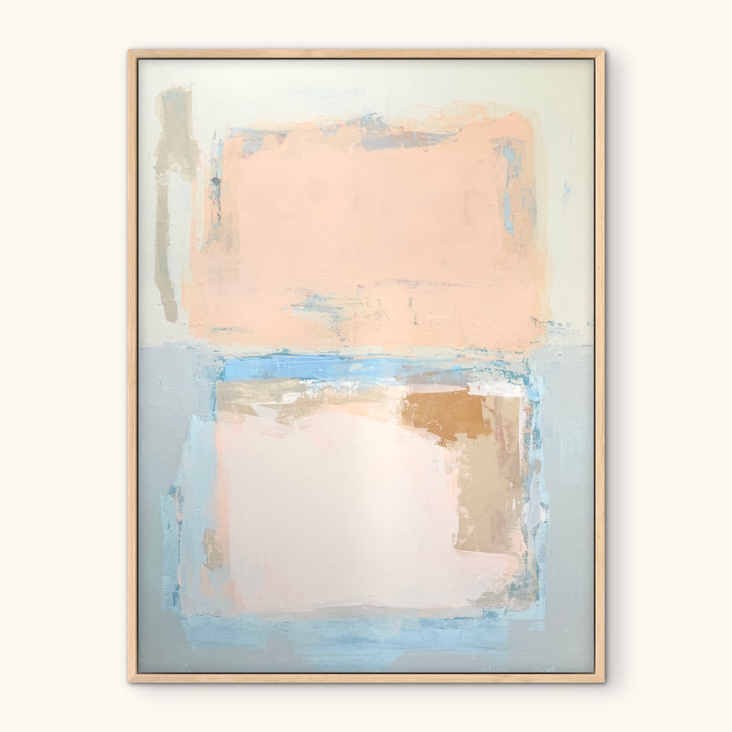KP Art Collective print with sunwashed peach and blue rectangles on white, framed in light wood.