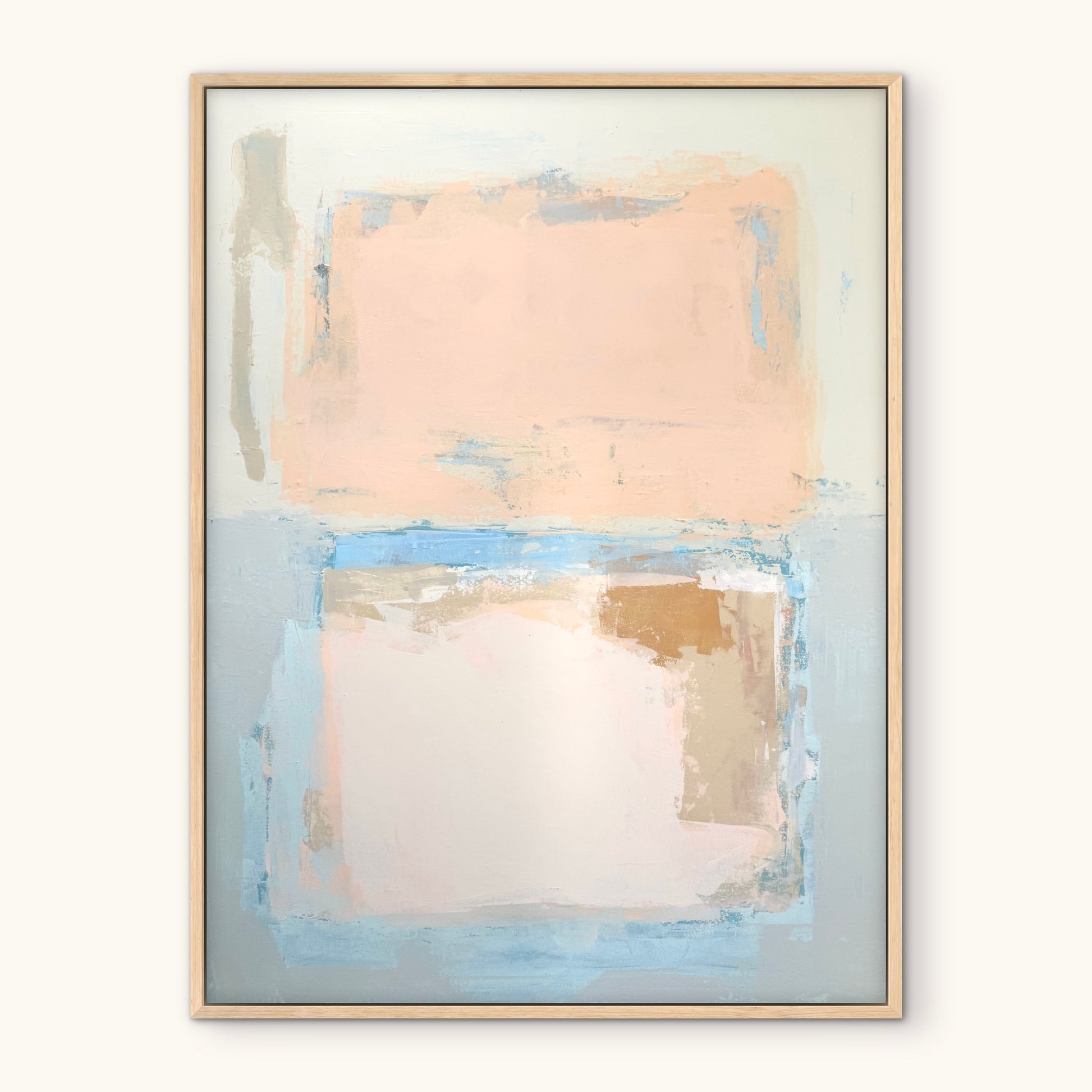 KP Art Collective print with sunwashed peach and blue rectangles on white, framed in light wood.