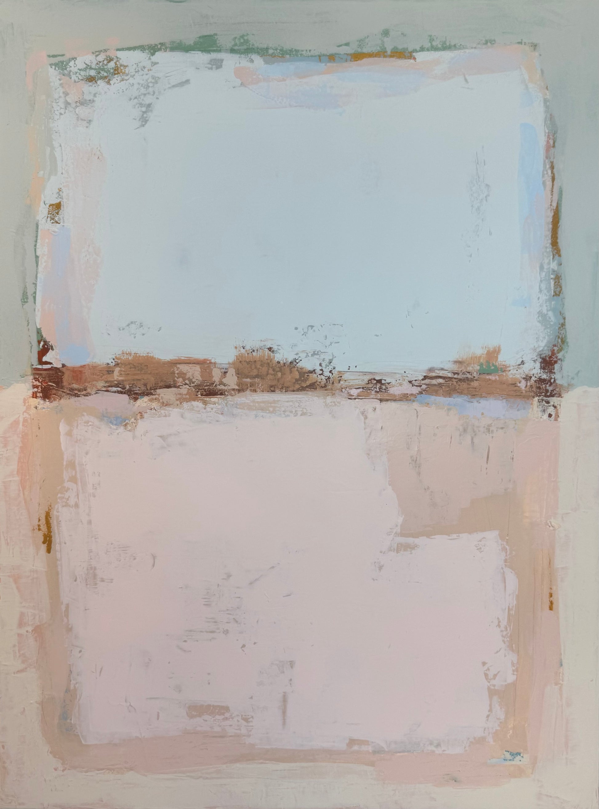 Abstract minimalist art by KP Art Collective featuring soft blue, pink, and earthy tones with rough edges.