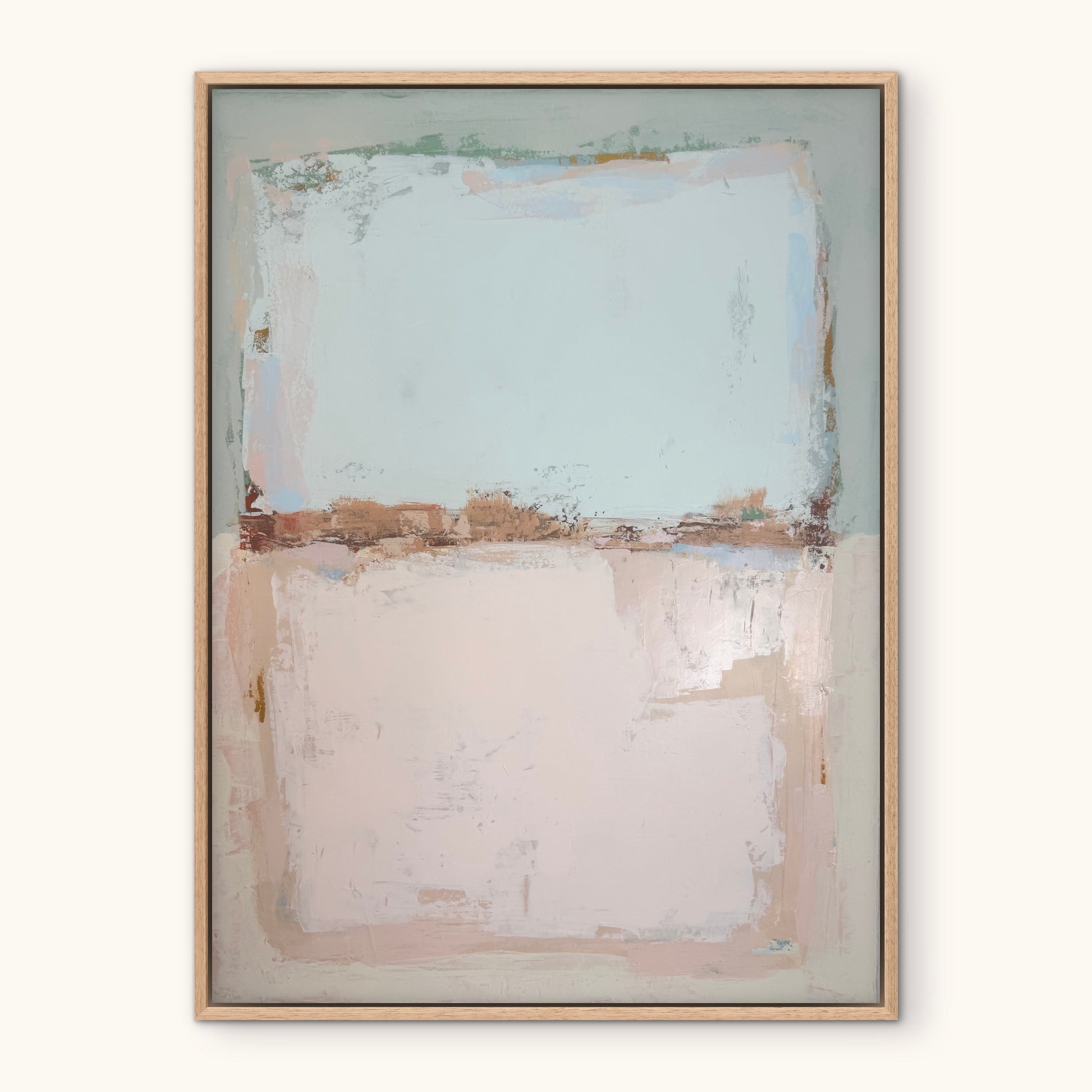 Minimalist art by KP Art Collective: pale blue/beige blocks, textured brushstrokes, thin wood frame, Mediterranean palette.