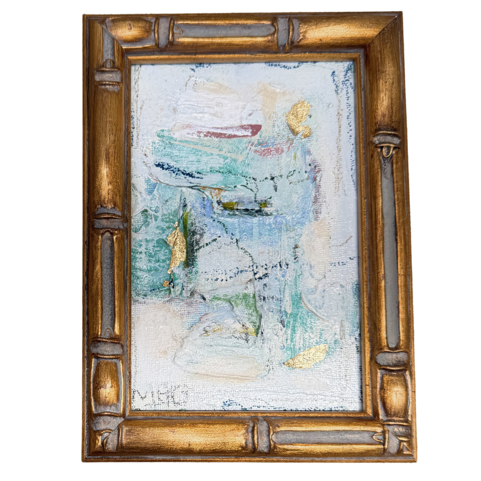 Megan Guidry abstract painting with glacial blue lakes and gold accents in a bamboo-style frame.
