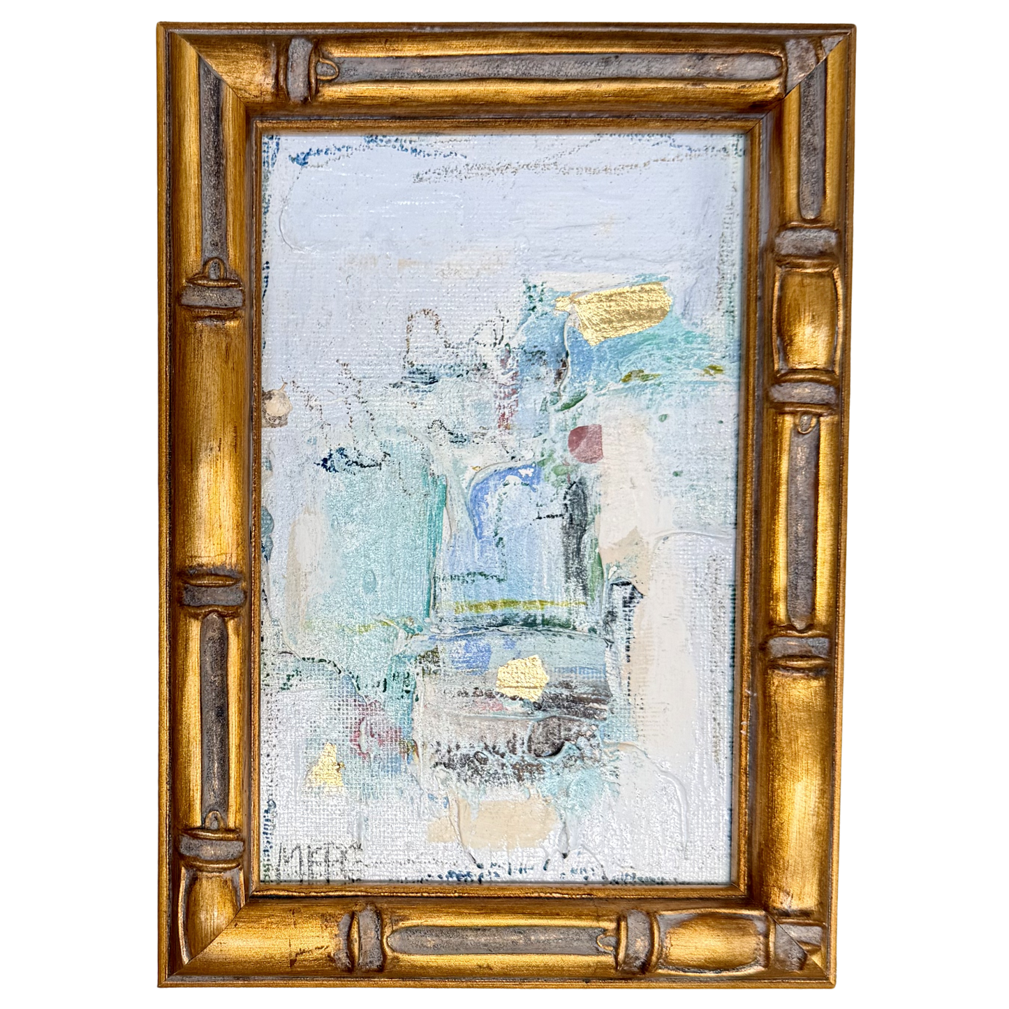 Abstract painting by Megan Guidry with glacial blue lakes, gold accents, in ornate gold bamboo-style frame.