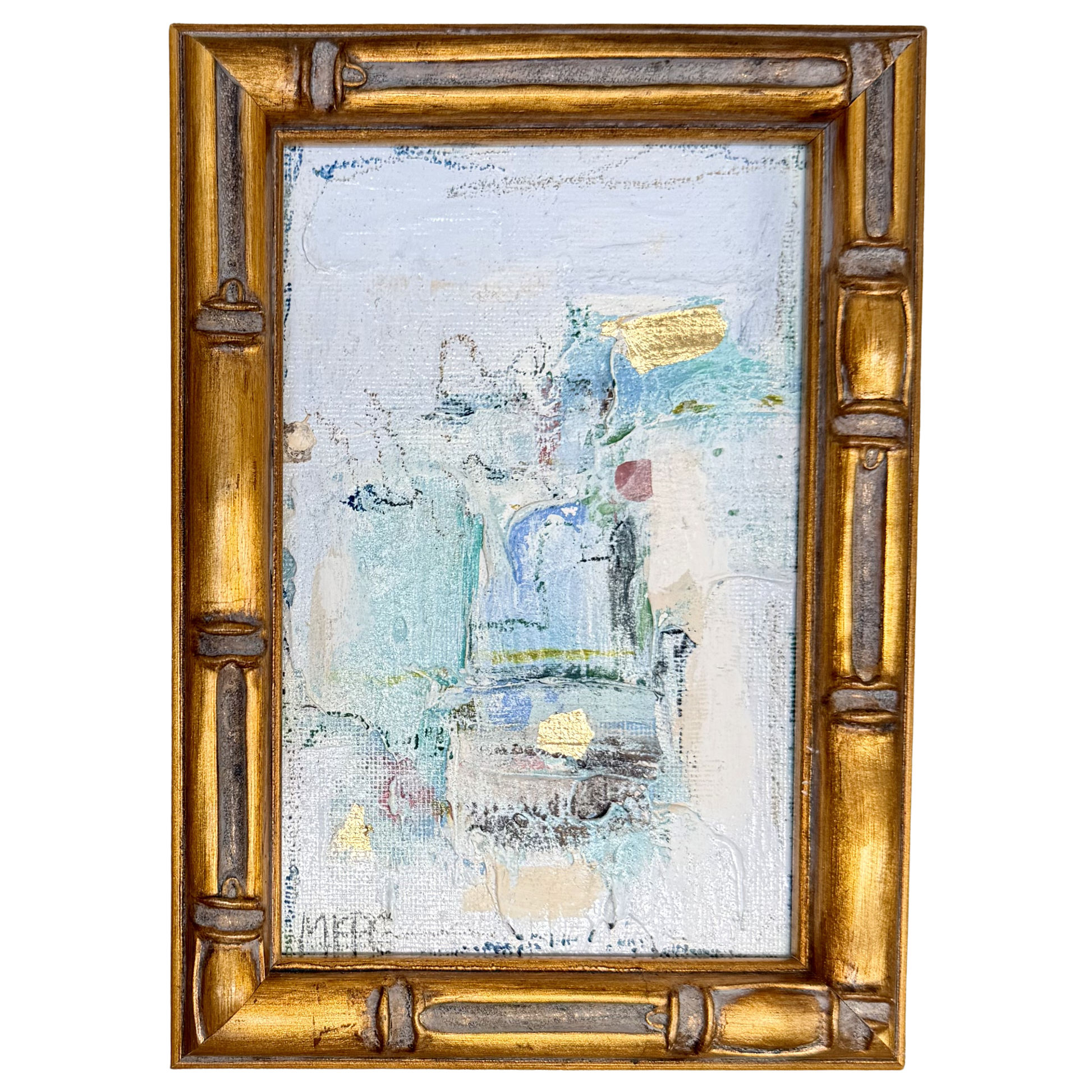 Abstract painting by Megan Guidry with glacial blue lakes, gold accents, in ornate gold bamboo-style frame.