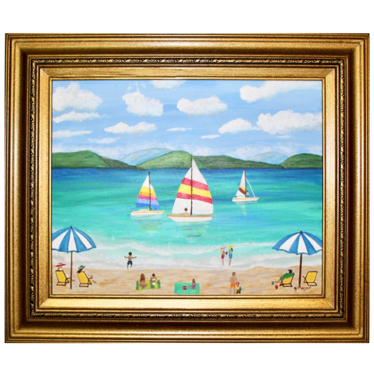 Original acrylic on canvas, 16 x 20 painting of a beach scene with people, umbrellas, and sailboats on turquoise water.