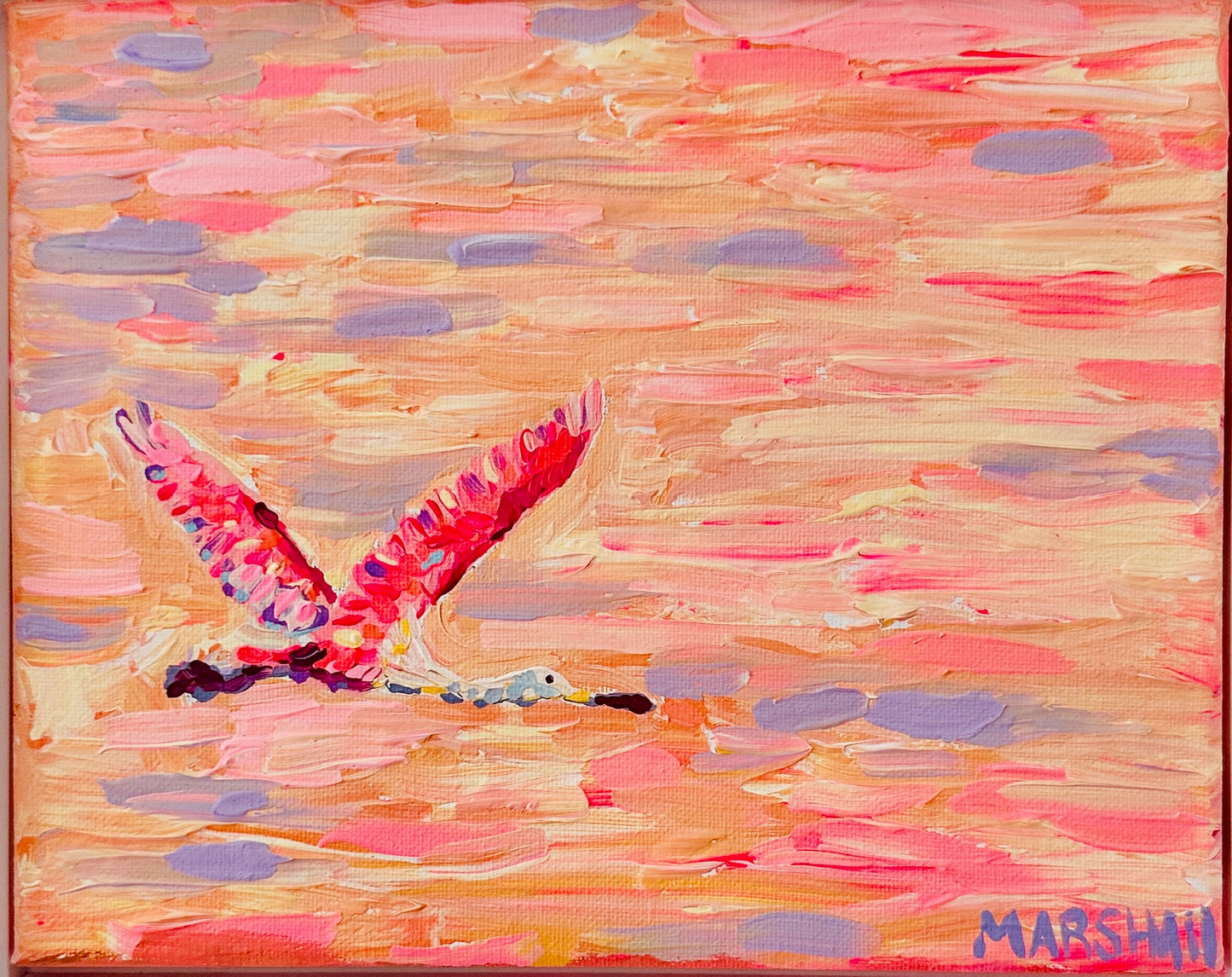 Lauren Marshall painting of a pink spoonbill flying over a pink-orange abstract background, signed MARSH.