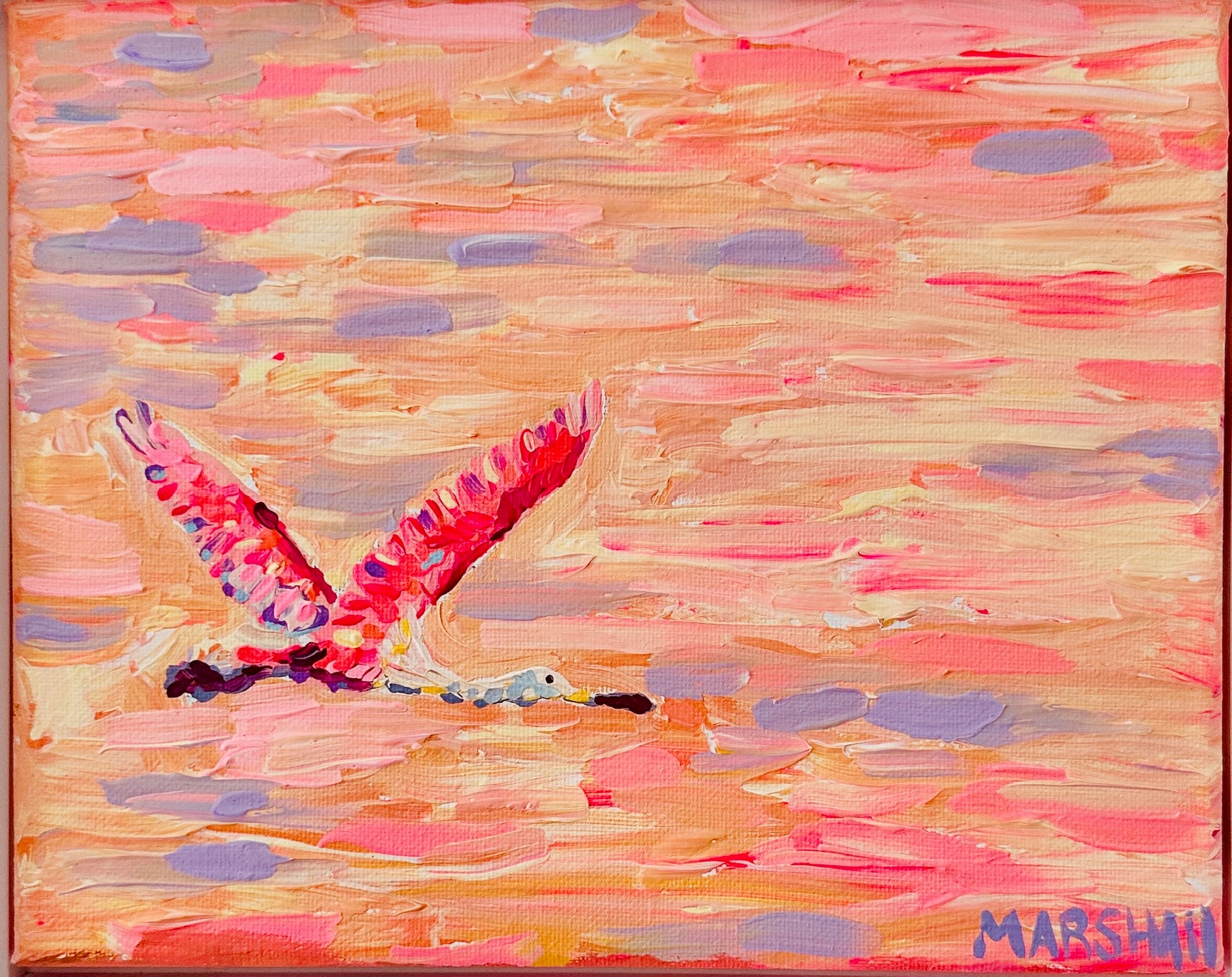 Lauren Marshall painting of a pink spoonbill flying over a pink-orange abstract background, signed MARSH.