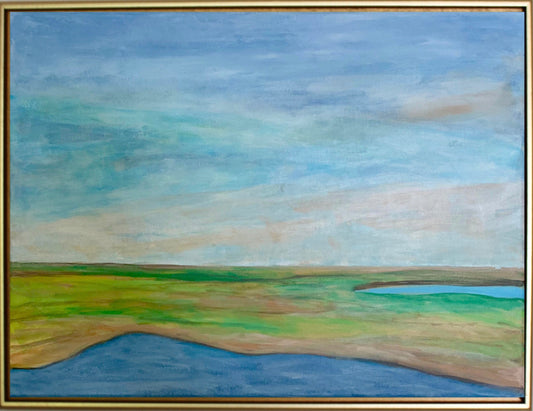 Acrylic on canvas, 18 x 24: blue sky over green and brown fields with a river, framed in a gold frame.