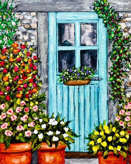 A blue door with a flower box, colorful potted flowers, and vines in garden-inspired painting on cradled wood panel art.
