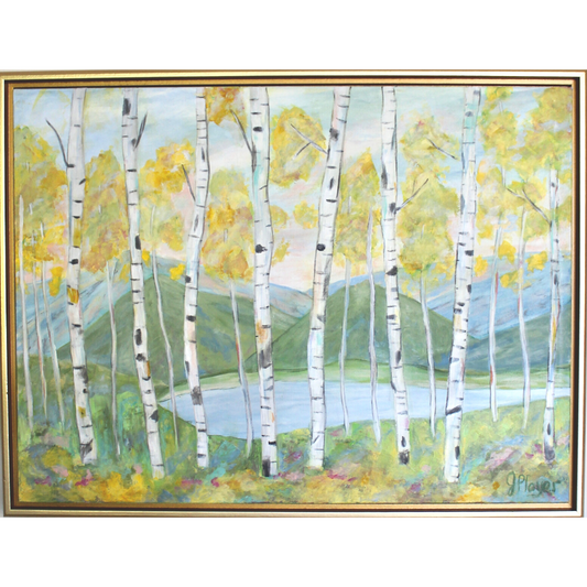 Acrylic painting of birch trees with white bark, green hills, and a river under a light blue sky on 18 x 24 canvas.