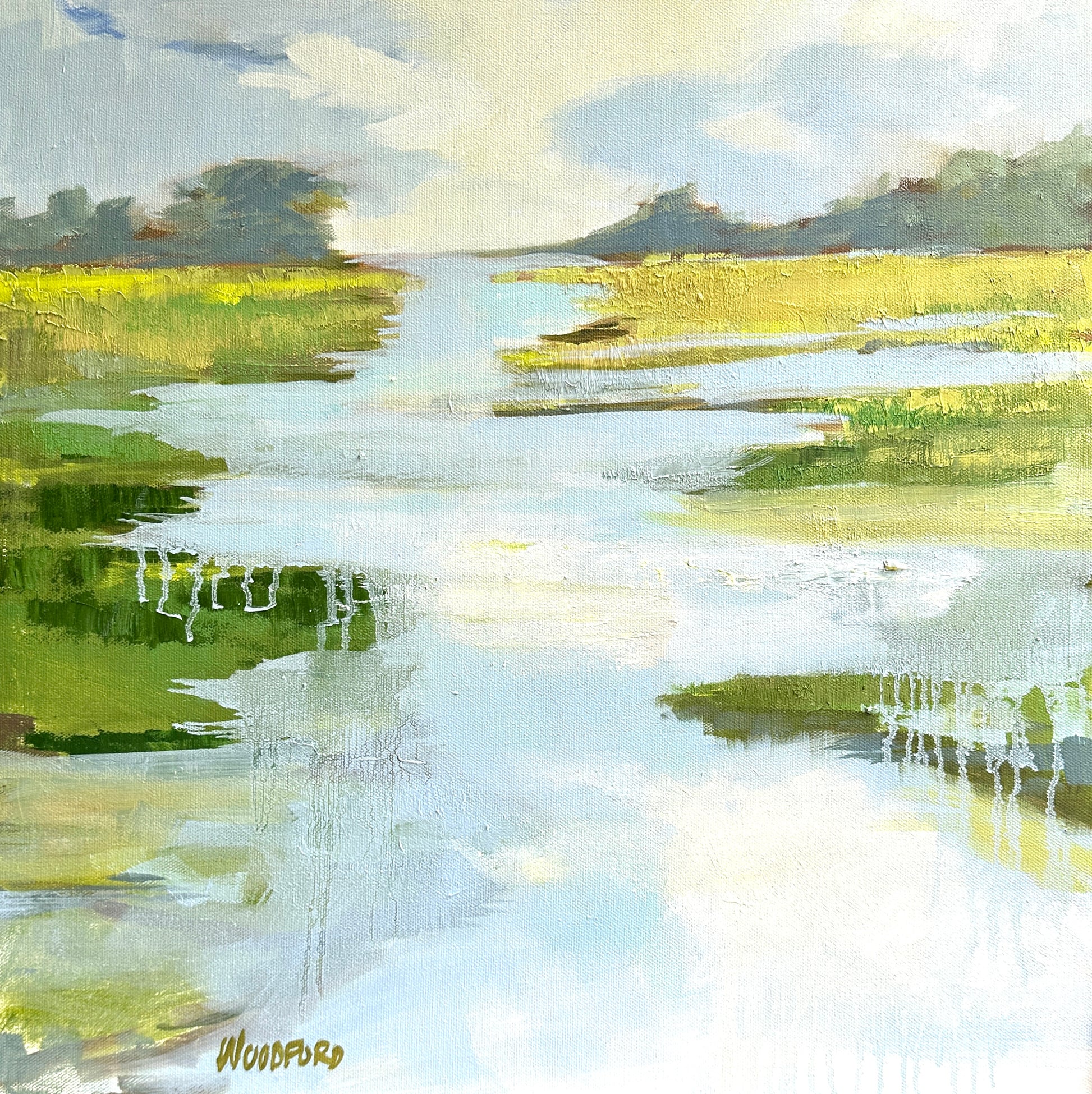A serene landscape painting of a marsh by Shannon Woodford, perfect for complementing your HVAC filter décor.