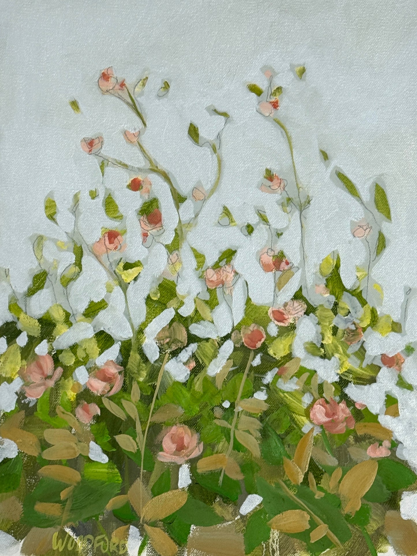Shannon Woodford floral art with pink flowers and green leaves on tall stems set against a light gray background.