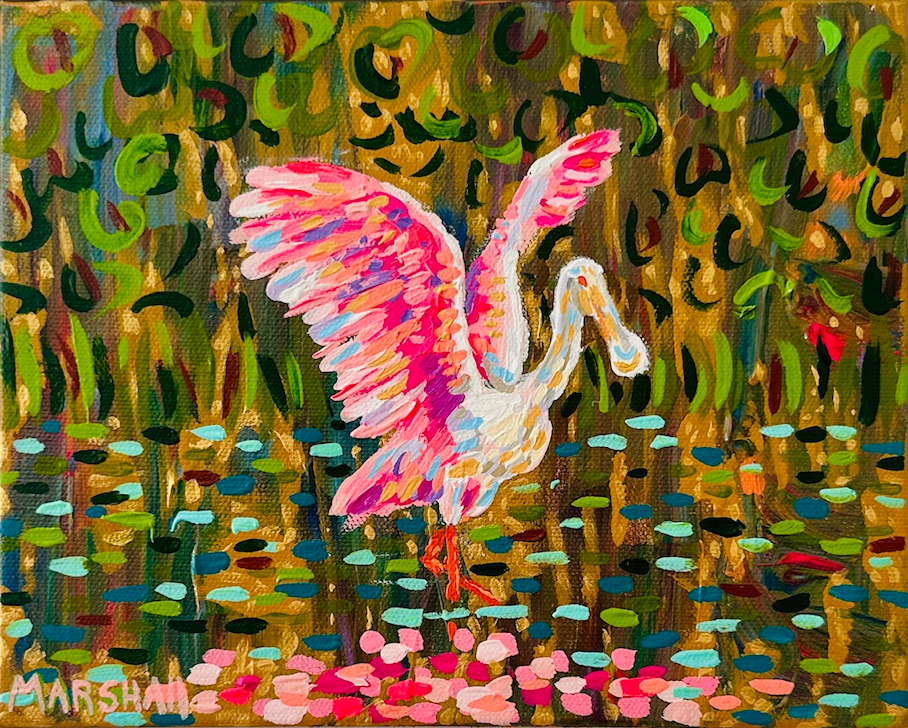 A pink bird spreads its wings in a colorful wetland—Lauren Marshall’s ideal Mothers Day spoonbill painting.