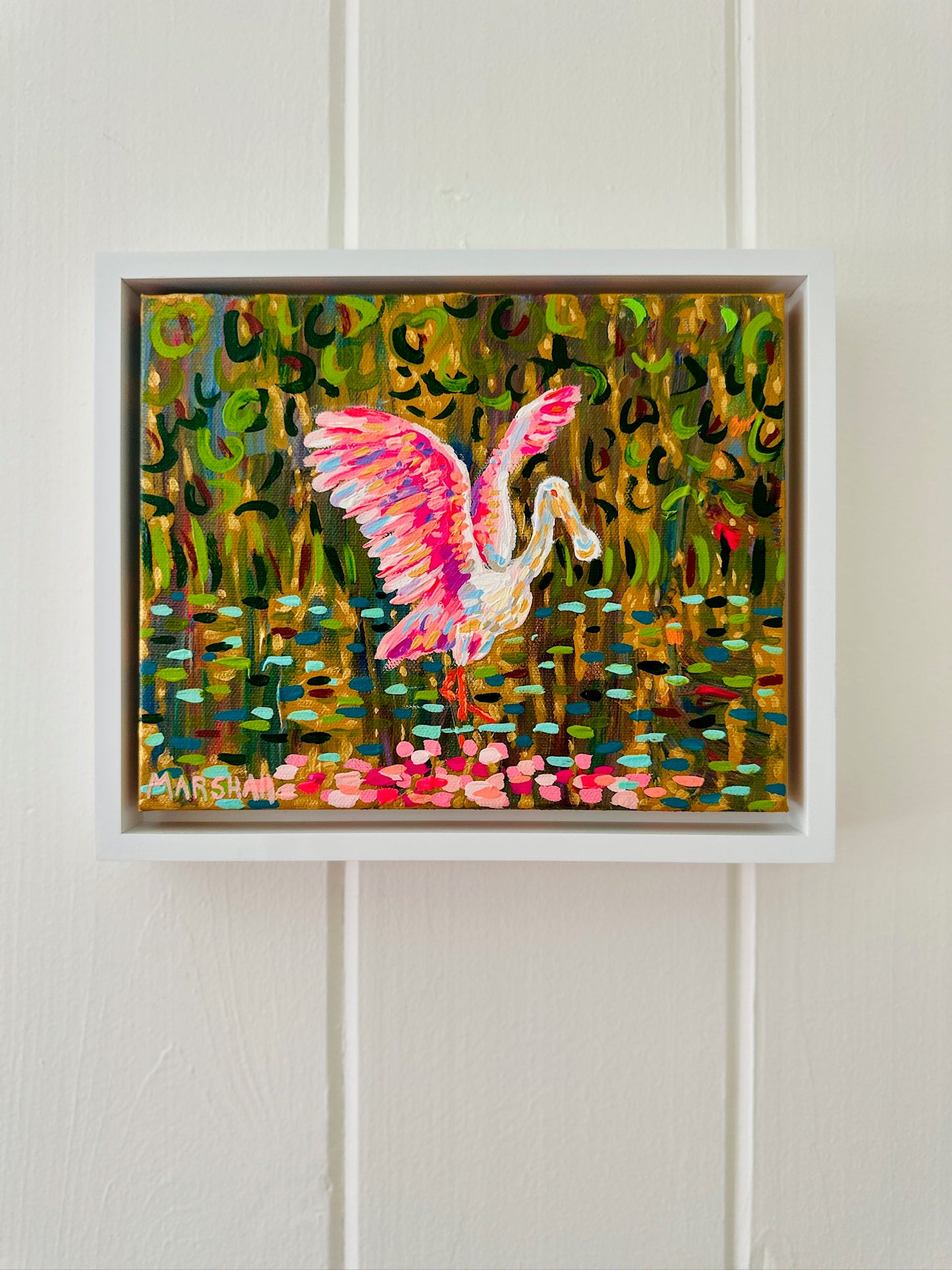 Lauren Marshall acrylic spoonbill painting with wings spread over lily pads, green abstract canvas background.