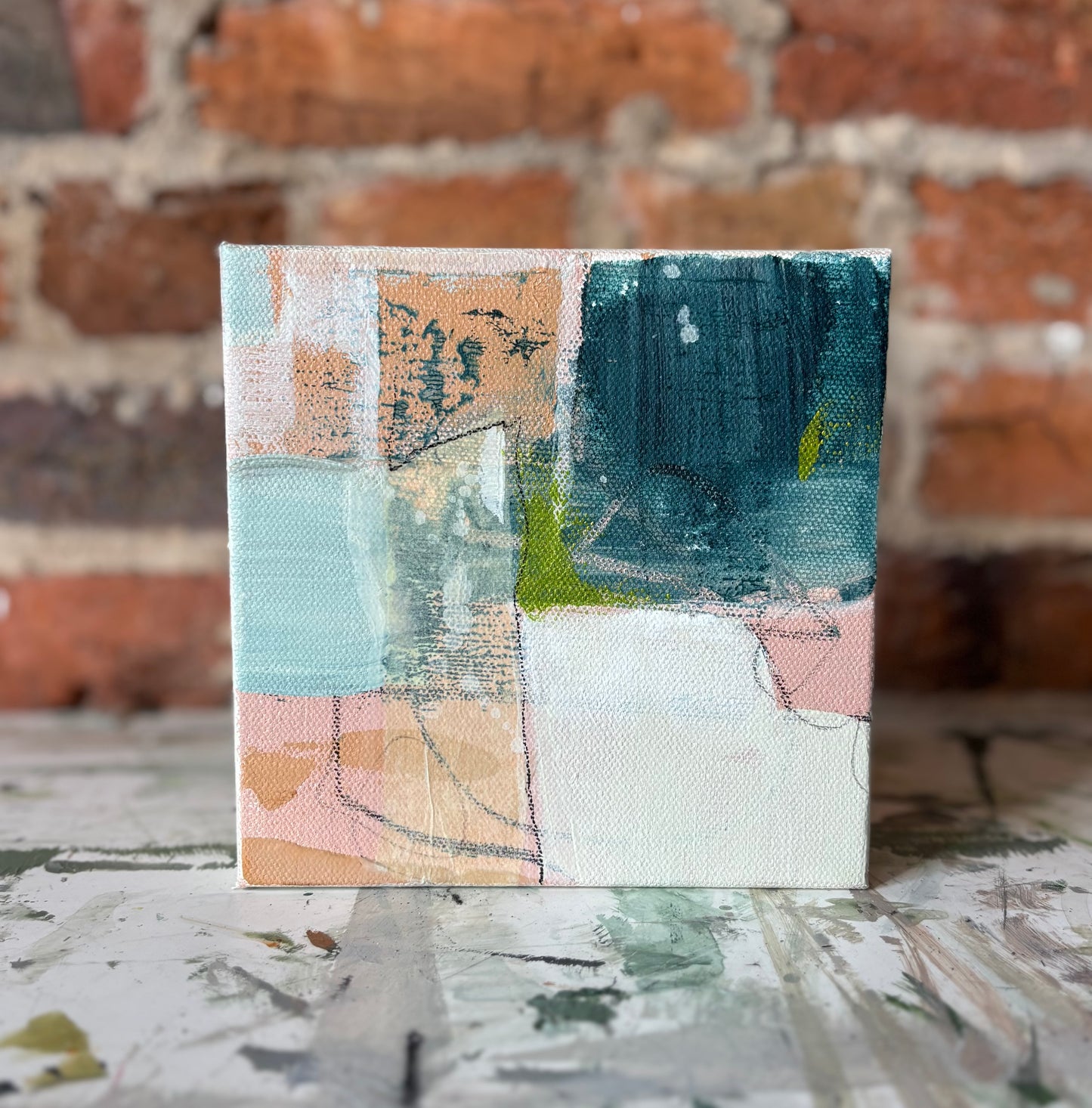 Emily Pullin small abstract canvas with textured blue, peach, and green blocks, inspired by the Mississippi Delta.