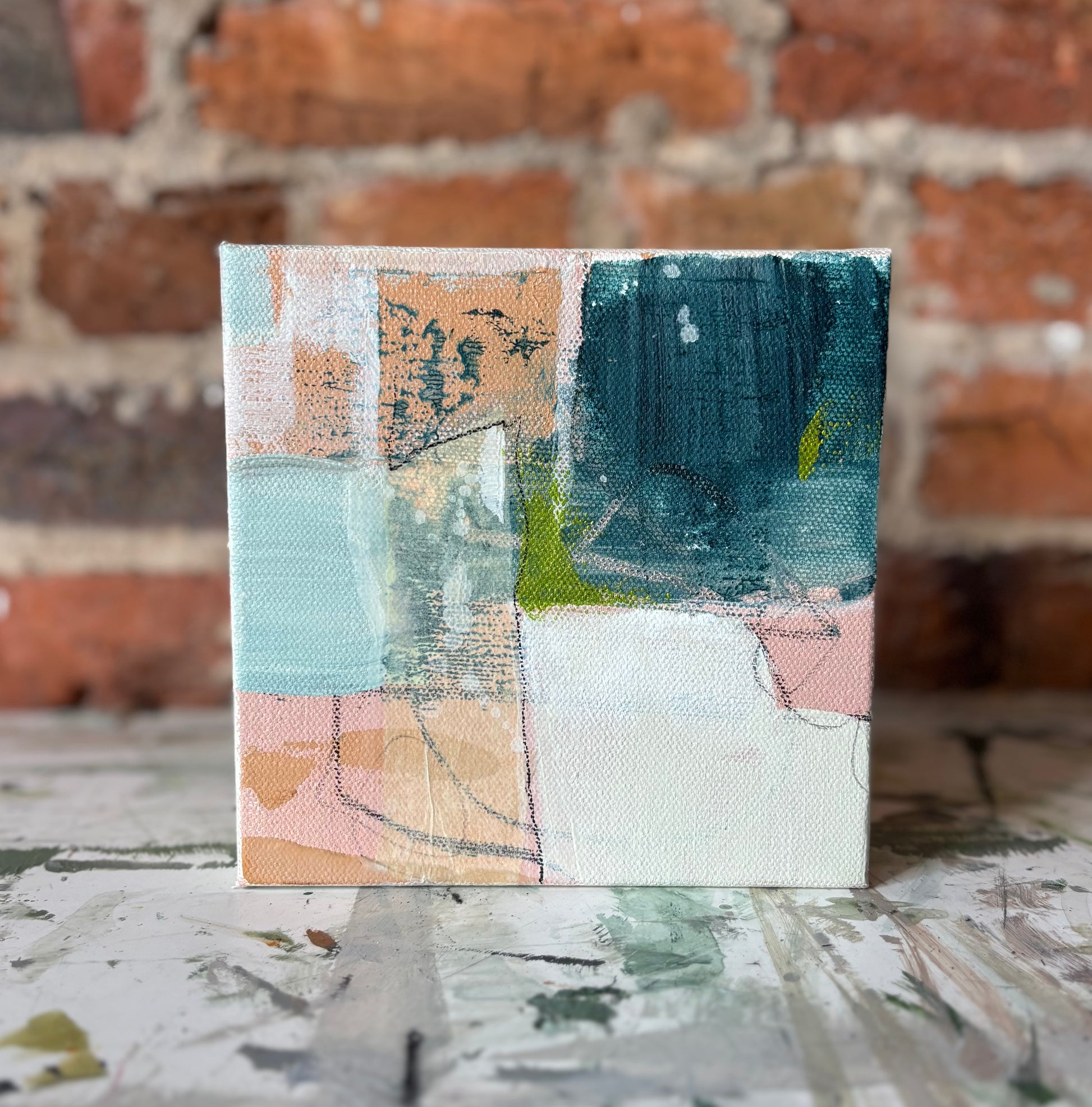 Emily Pullin small abstract canvas with textured blue, peach, and green blocks, inspired by the Mississippi Delta.