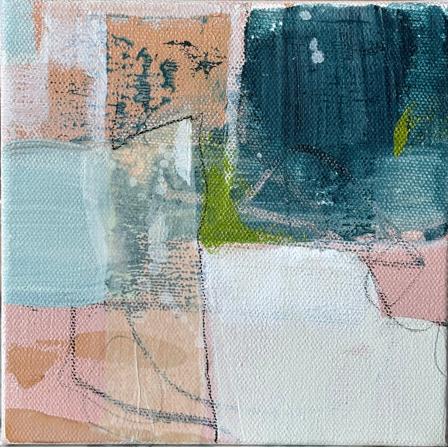Emily Pullin’s abstract painting with blue, pink, white, and green shapes on a small square canvas.