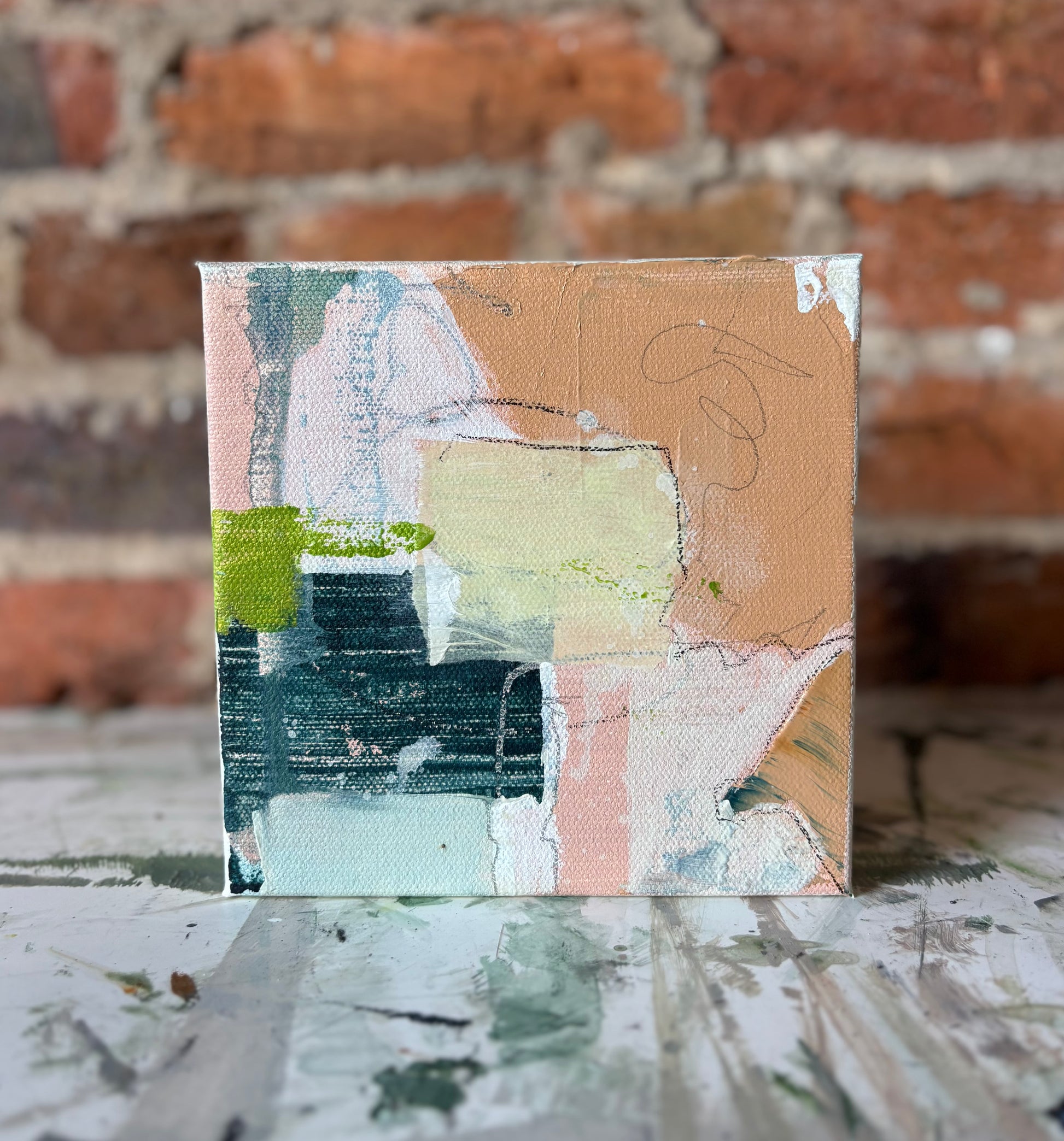 Original mixed media landscape painting by Emily Pullin in pastel colors with green and white accents on canvas.