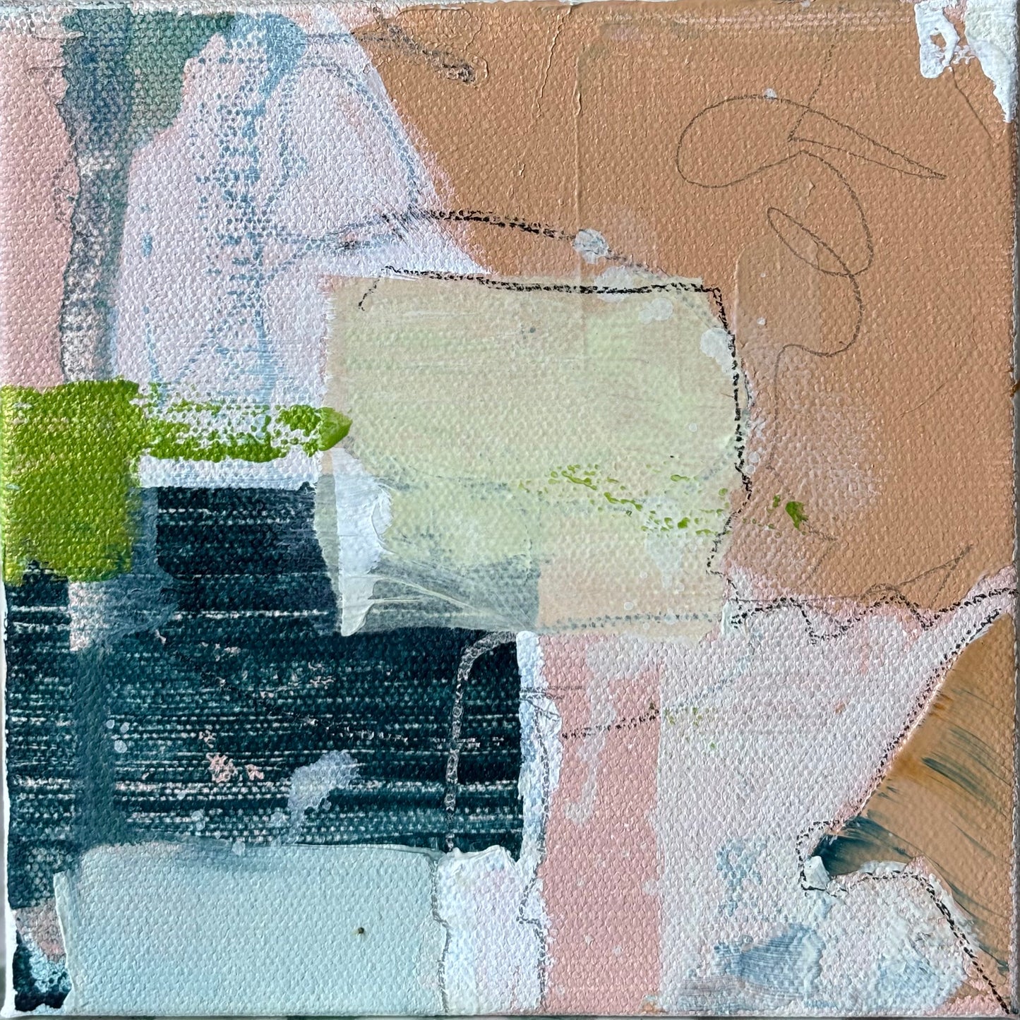 Original mixed media on canvas by Emily Pullin with beige, green, white, and blue shapes inspired by Mississippi Delta art.