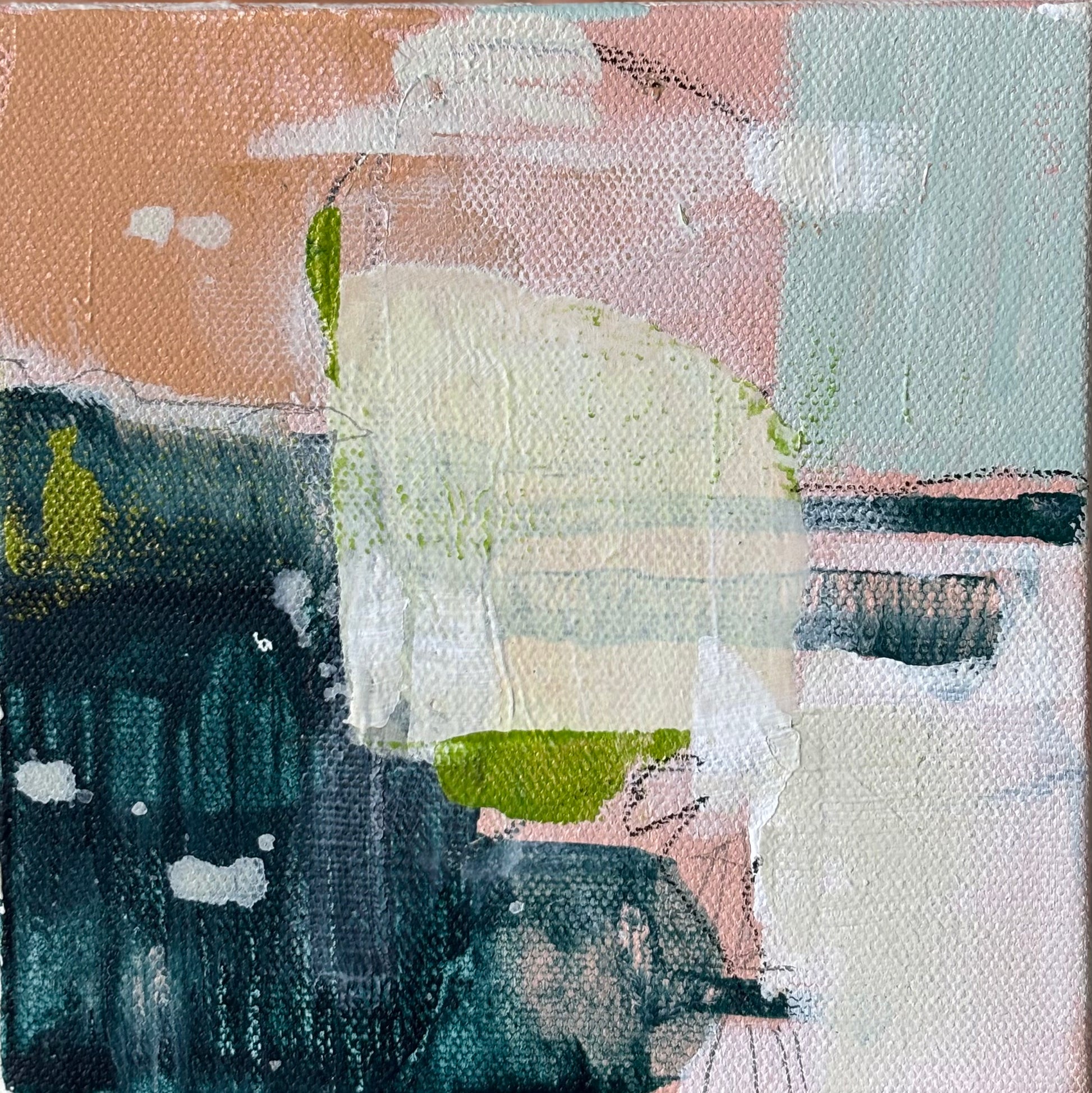 Original mixed media art by Emily Pullin features pastel pink, mint, and green blocks over a dark textured background.