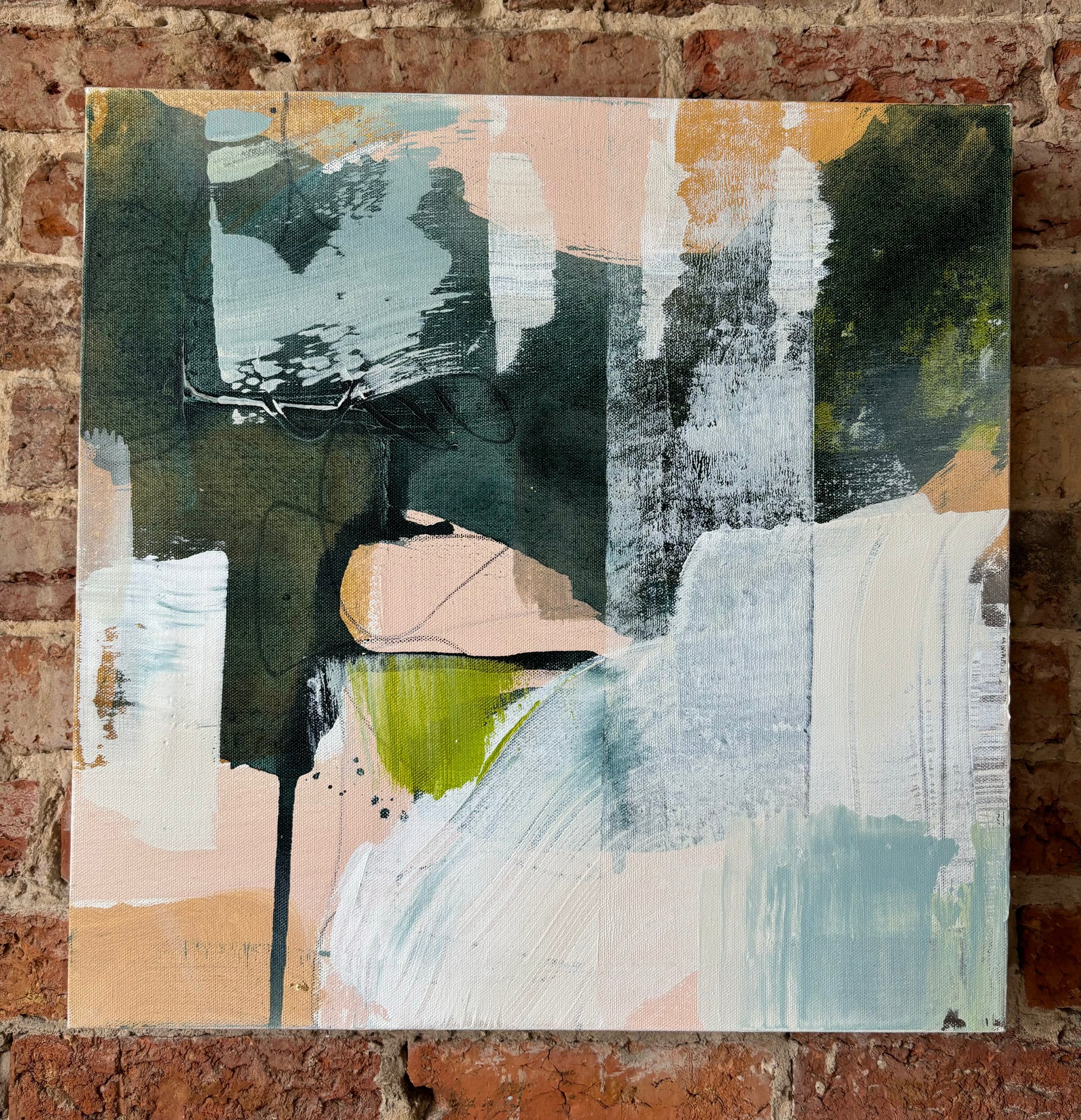 Emily Pullin original mixed media canvas art with green, white, black & beige on a rustic brick wall.