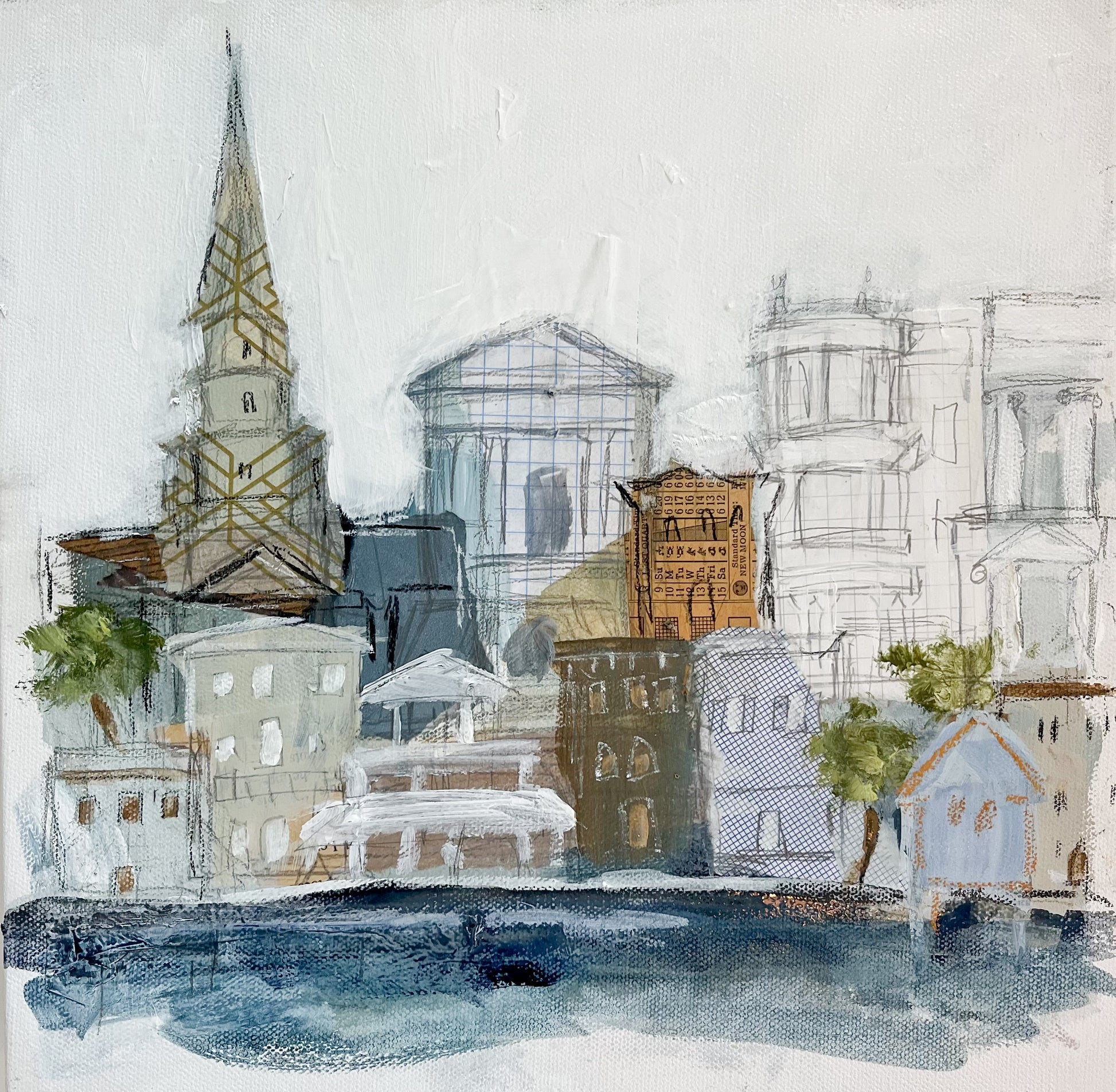 Christy Holmes mini acrylic painting on canvas of a Charleston cityscape with buildings, trees, and a church steeple.