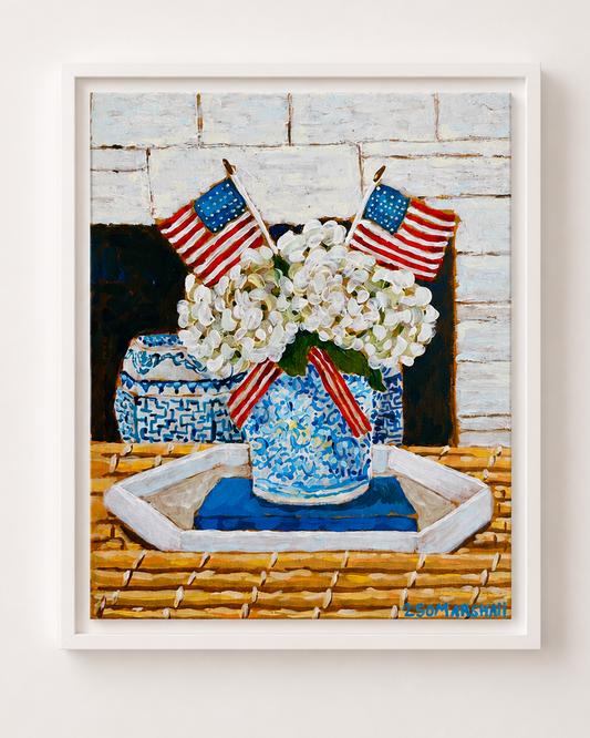 Lauren Marshall Fine Art: Acrylic painting of white flowers, blue vase, and flags on tray before a brick wall.