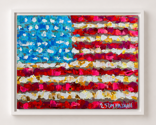 Patriotic American flag acrylic painting by Lauren Marshall Fine Art, signed 250 Marshall, in white frame—ideal July 4th décor.