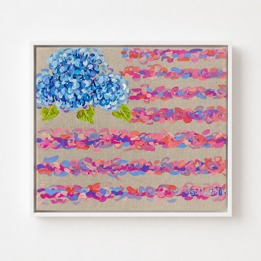 Lauren Marshall Fine Arts patriotic acrylic painting features a blue hydrangea and wavy pink, purple, and green accents.