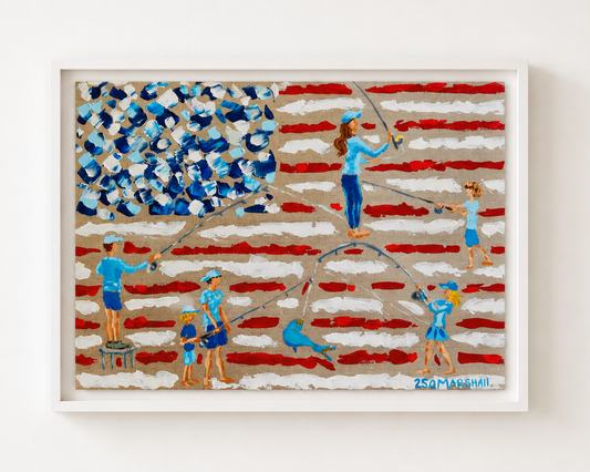 Lauren Marshall Fine Art: Patriotic painting of kids skipping rope on a bold red, white, and blue American flag.