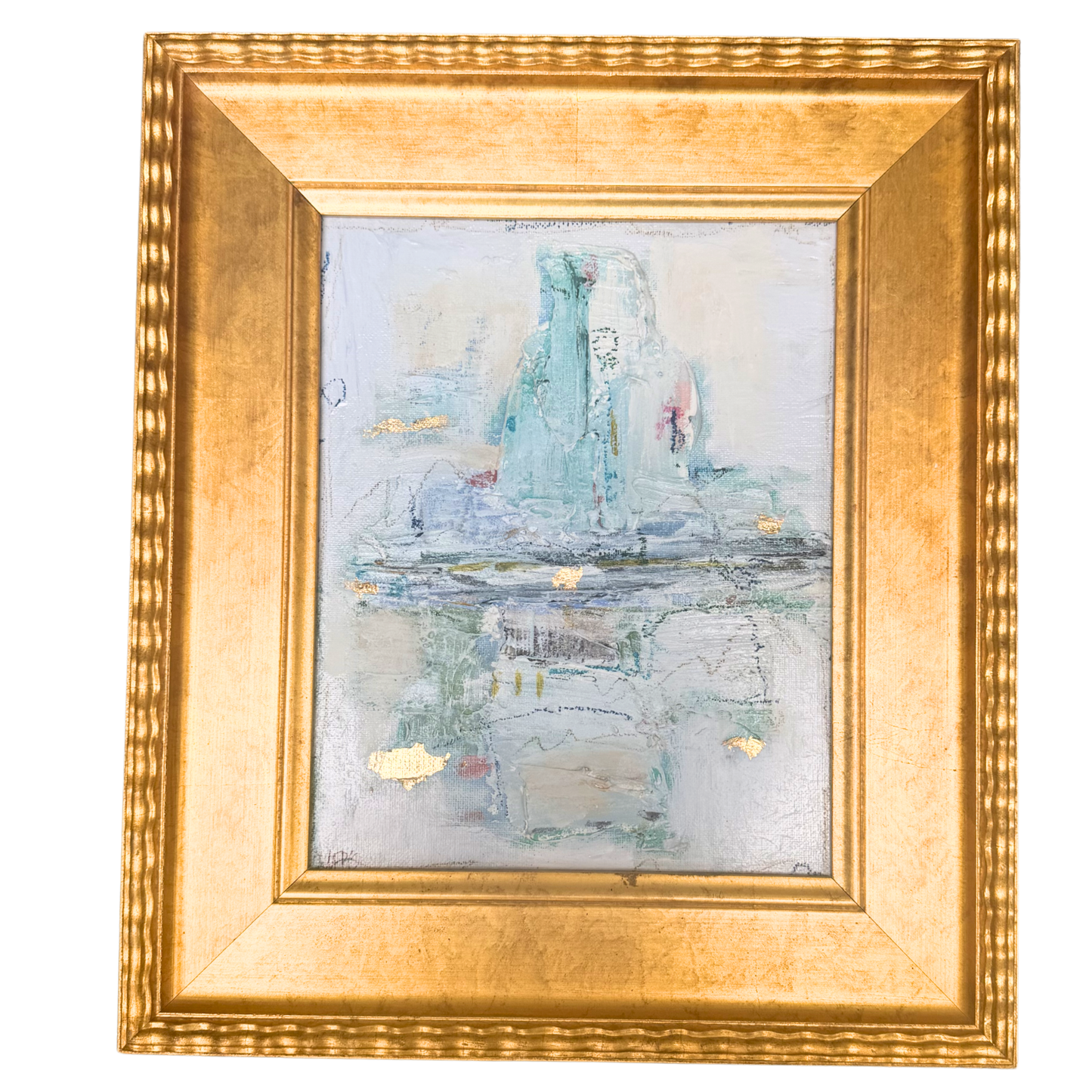 Megan Guidry framed art featuring a water landscape in pastel blue, green, and gold tones with an ornate gold frame.